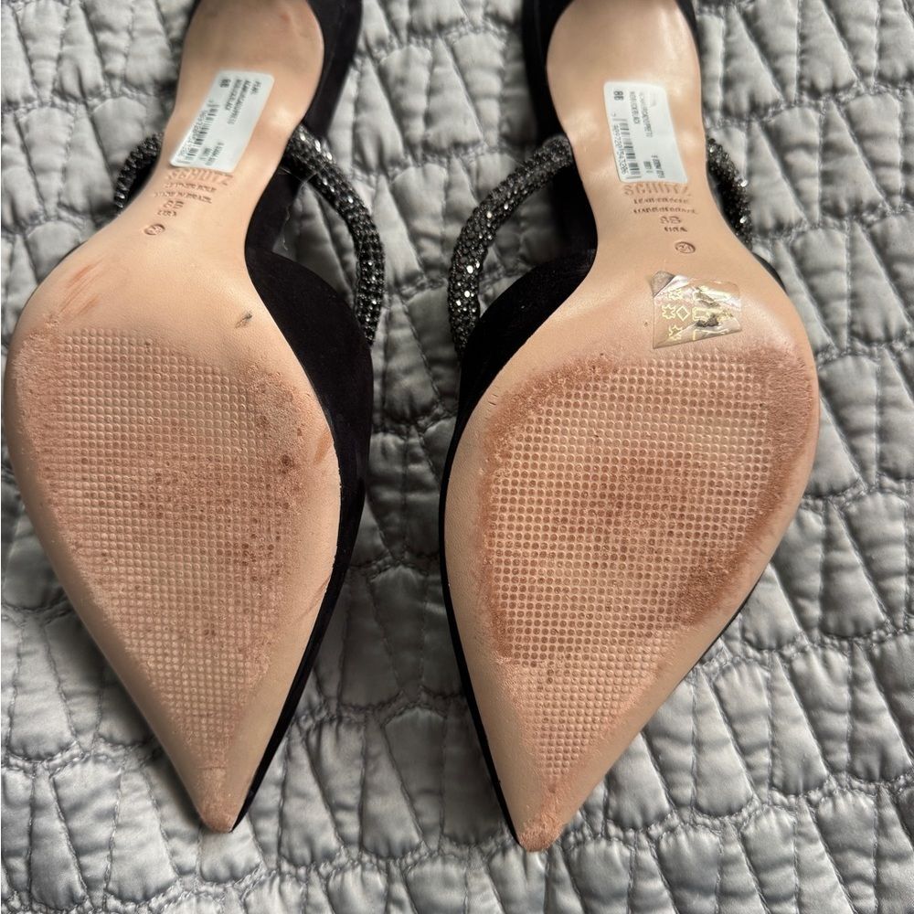 Schutz Black Suede Pearl Pointed Toe Mules Size 8. - Picture 6 of 7